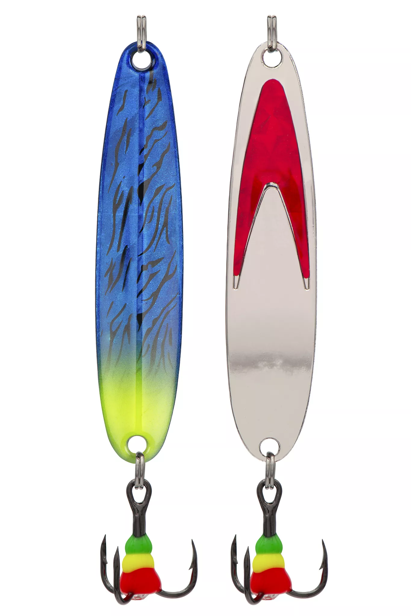 Блесна зимняя 5813, вес 15,0 гр, длина 70 мм, цвет серебро красный галстук/синий+лимон 185