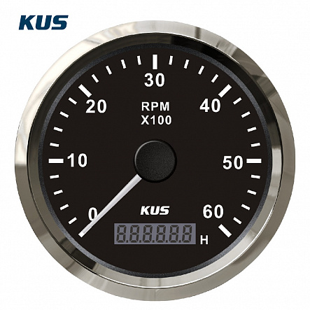 Тахометр черный с серебристой окант. SS316 со счётчиком моточасов 0-6000 (0,5-250 градация) 85 мм.